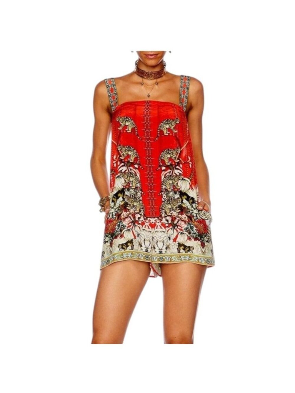 CAMILLA Hangzhou Hollywood Red Silk Shift Romper Playsuit Crystal Straps Sz S